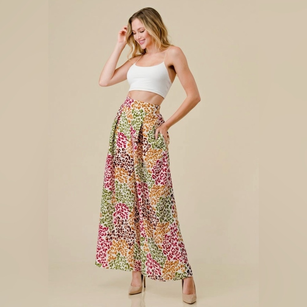 Spin Pink Green Leopard Print Palazzo Pants Size 1X New